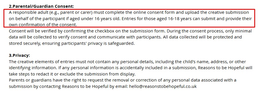 Reasons to be Hopeful - Terms and Conditions - Parental Consent Clause