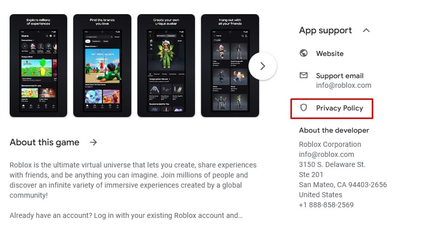 Roblox Google Play Listing: Link to Privacy Policy