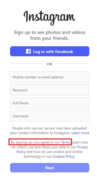 Instagram Login page: By signing up you accept the terms