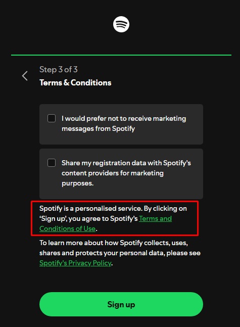 Spotify Login page: By clicking on sign up button