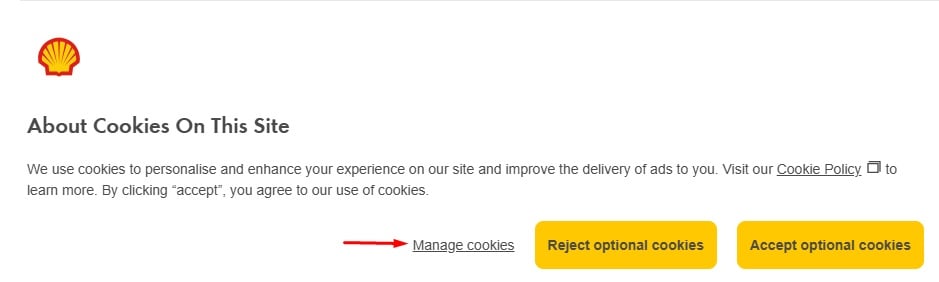 Shell Cookie Banner Manage Cookies Button